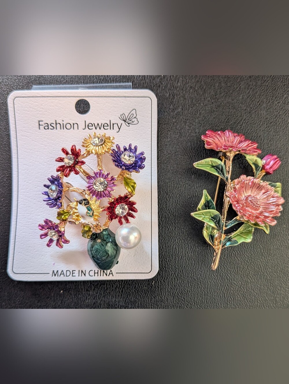 Fashion Jewelry Enamel Floral Bouquet Brooch with Pearl and Crystal Accents